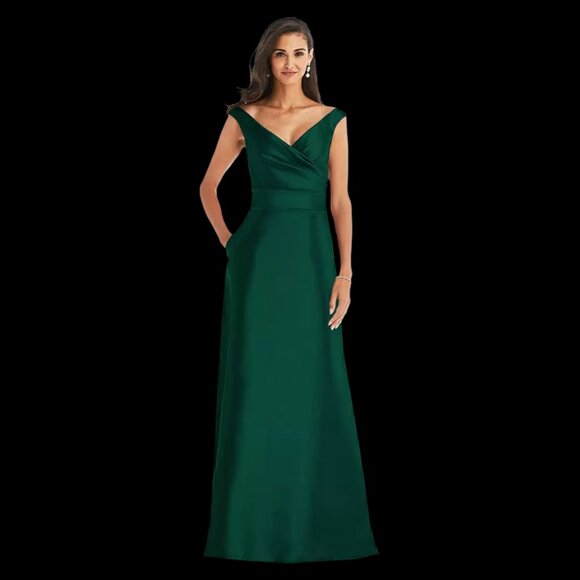 Alfred Sung Off-the-Shoulder Draped Wrap Satin Maxi Dress, Hunter Green Size 14 - Picture 4 of 7